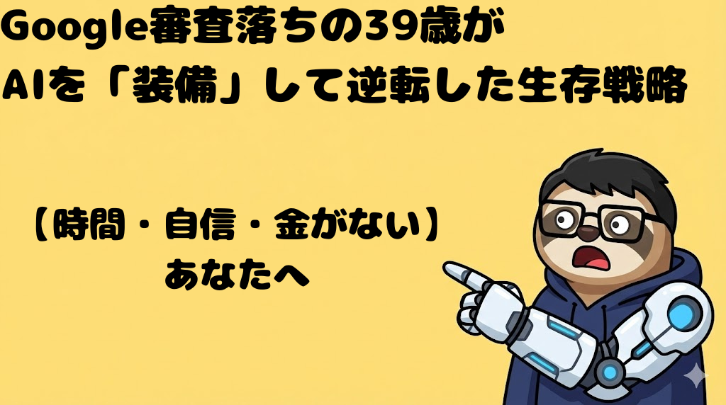 パワードスーツのような機械の腕（AI）を装着し、自信ありげにPCを操作するナマケモノのイラスト