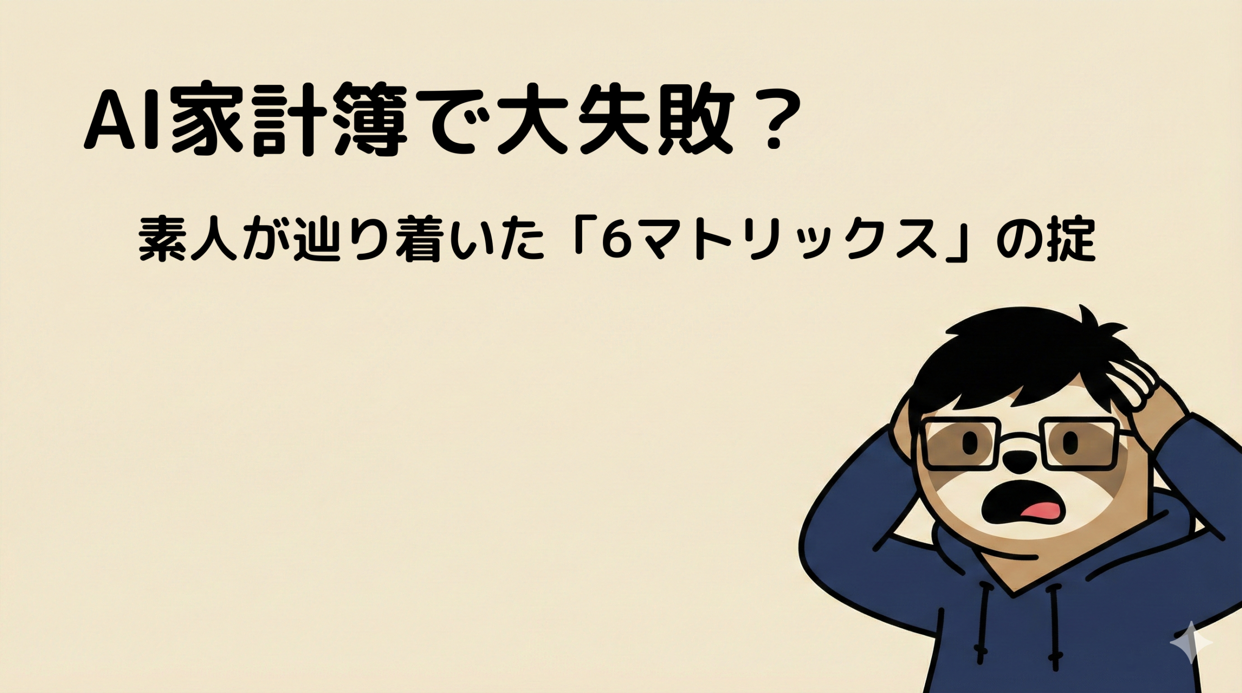 クリーム色背景の右下に配置された、頭を抱えてショックを受けるナマケモノのキャラクター。中央から上部にかけて文字入れ用の広いスペースがある。