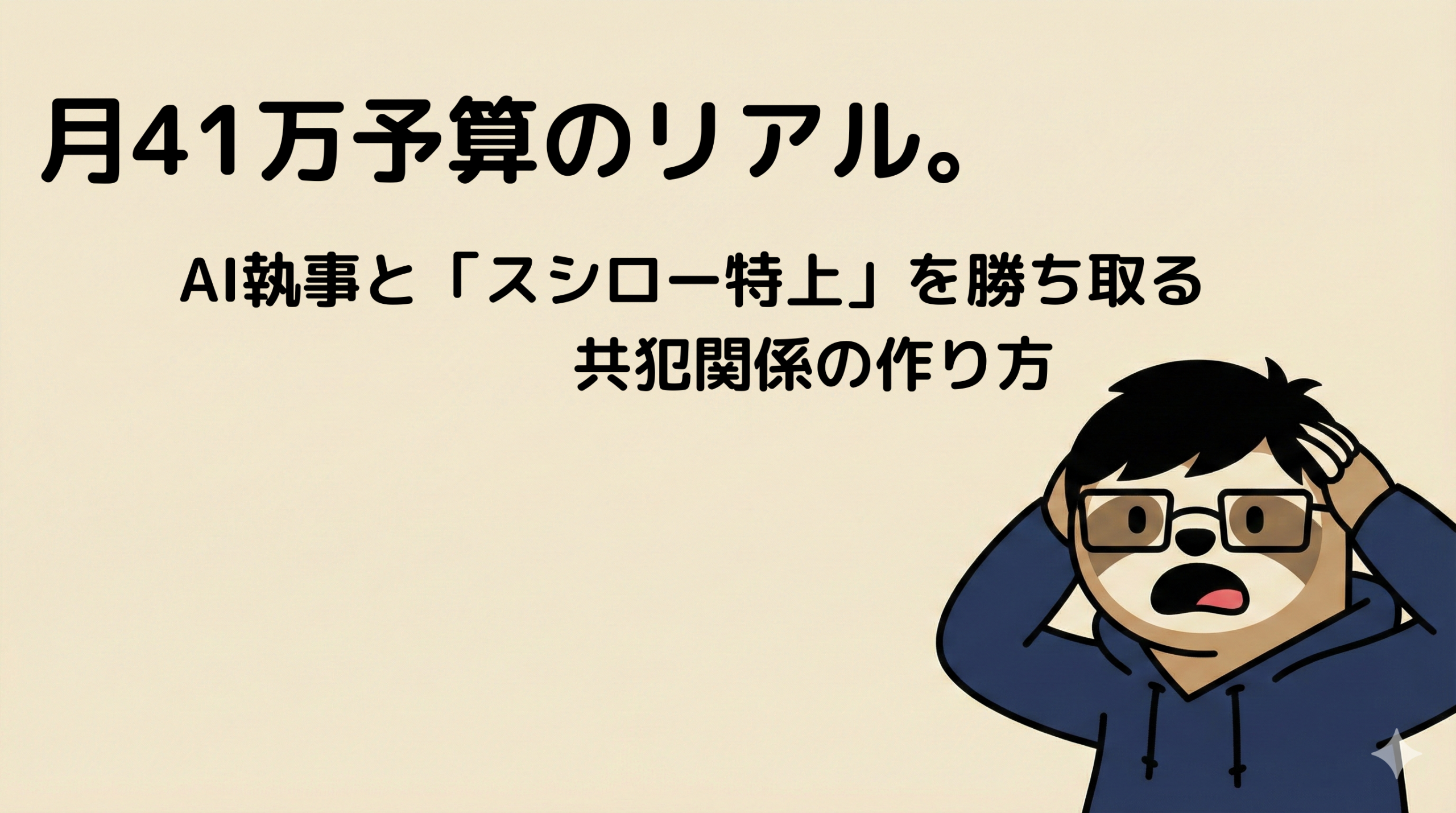 クリーム色背景の右下に配置された、頭を抱えてショックを受けるナマケモノのキャラクター。中央から上部にかけて文字入れ用の広いスペースがある。