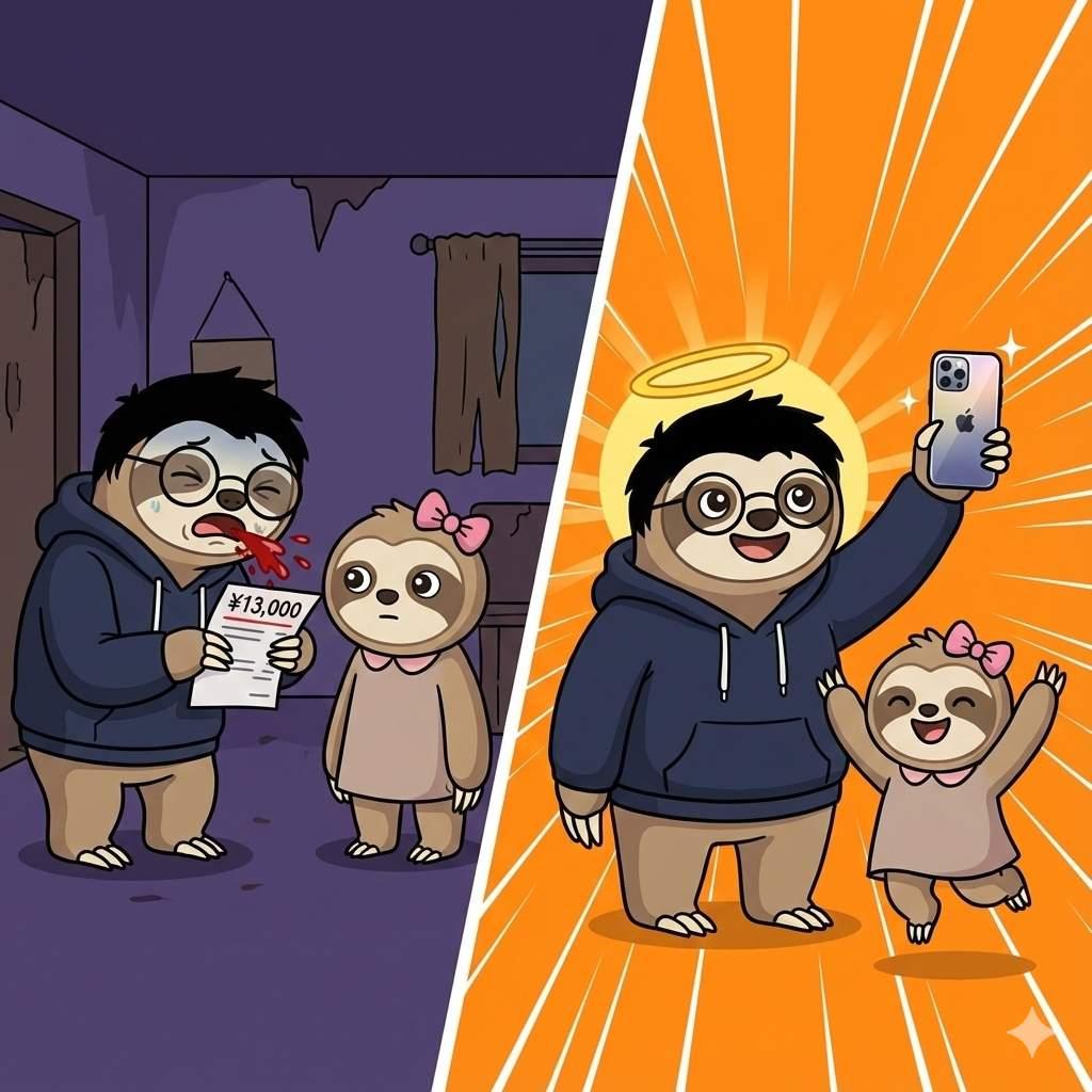 左側 (Before): 薄暗い部屋で、ナマケモノの「だにお」が「¥13,000」と書かれた請求書を見て吐血し、青ざめている。隣では、ピンクの服を着たナマケモノの「妹」が、きょとんとした表情で立っている。 右側 (After): 明るいオレンジ色の背景で、天使の輪をつけた「だにお」が新しいスマートフォン (iPhone) を掲げてドヤ顔をしている。隣では「妹」が両手を上げて大喜びでジャンプしている。 全体: 請求書の衝撃から、新しいスマートフォンを手に入れて幸せになるナマケモノ兄妹のビフォーアフターを描いたイラスト。