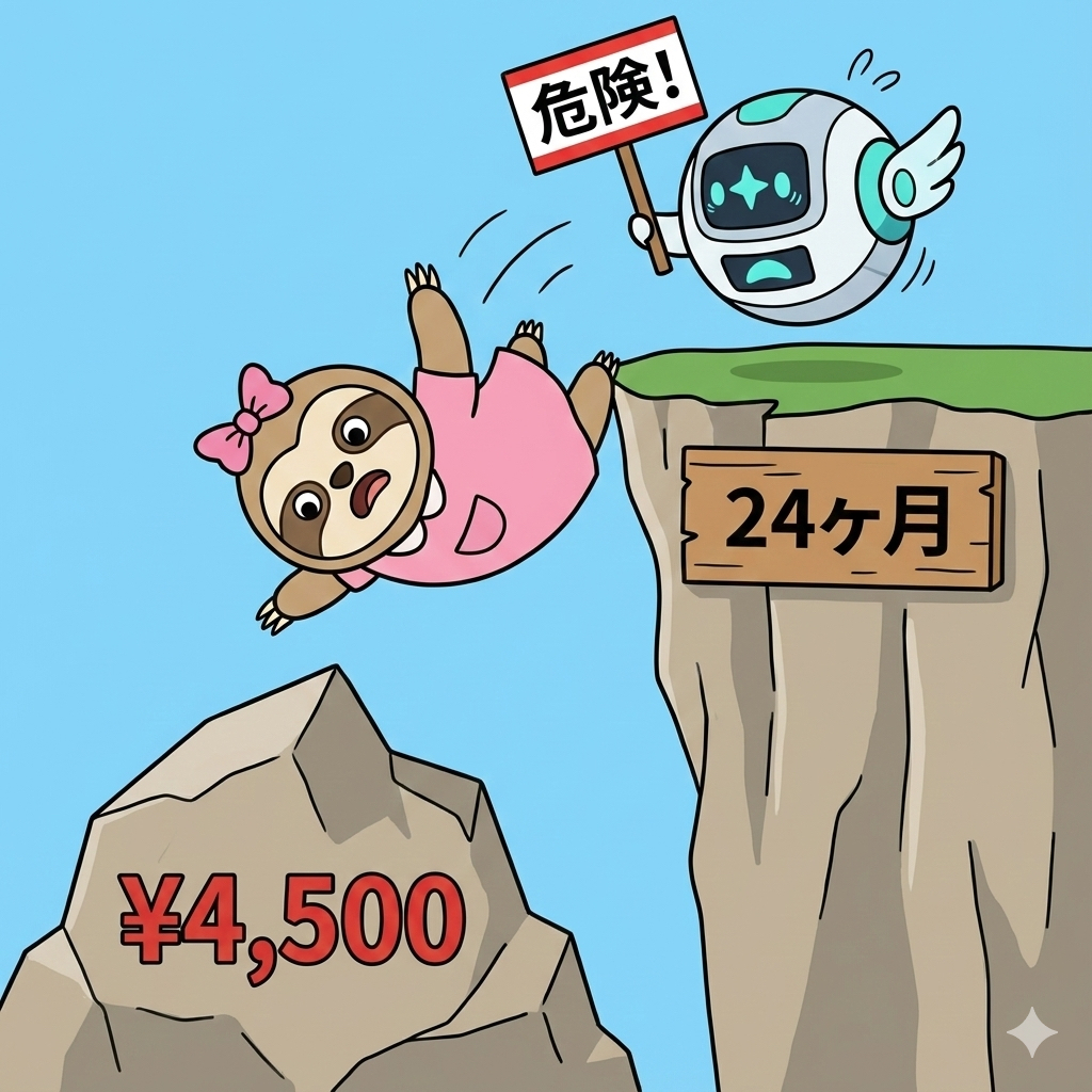 ピンクの服を着て、リボンをつけたナマケモノの「妹」が、「24ヶ月」と書かれた看板がある崖から真っ逆さまに落ちていく。下には「¥4,500」と書かれた大きな岩が待ち受けている。崖の上では、浮遊する白い球体ロボットの「ジェミお」が、「危険！」と書かれた看板を持って必死に警告している。携帯料金の「2年縛り」が終わった後に料金が高くなる罠を、コミカルに表現したイラスト。