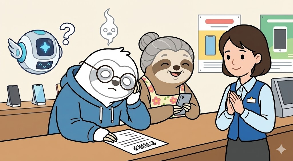 通帳の「ソフトバンクM」という印字を見て驚く母親と、自信満々な39歳男性のイラスト