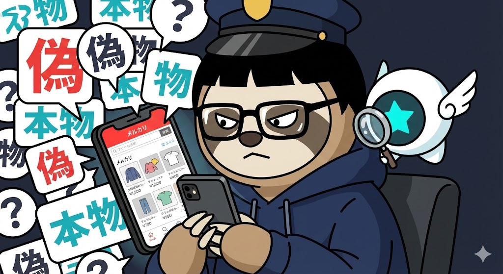 暗い部屋で懐中電灯を使い、アークテリクスのタグを真剣な表情で検品するナマケモノのだにお。