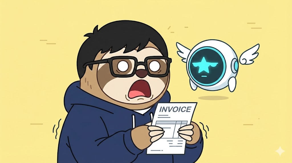 請求書を見て白目をむくナマケモノ（だにお）と、冷ややかに見下ろす白い球体ロボット（ジェミお）