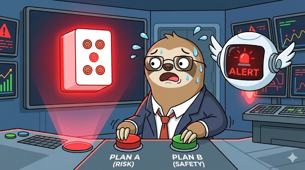 スーツを着たナマケモノ（だにお）が、緊迫した会議室で「PLAN B」と書かれた赤い緊急ボタン