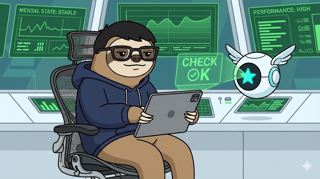 ゲーミングチェアのような高機能オフィスチェアに座り、iPad Proを構えるナマケモノ（だにお）。背景には「SYSTEM ALL GREEN」の文字と、集中力が最大化された脳のイメージ図。